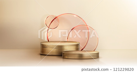 Wood podium scene with circular display stands. Wood podium scene with circular display stands. 121229820