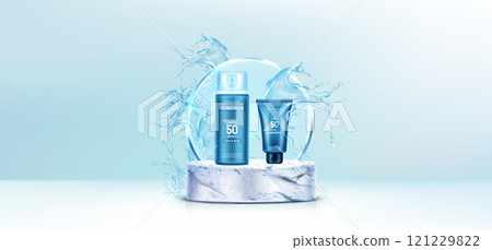 Sunscreen on marble podium with water splash Sunscreen on marble podium with water splash 121229822