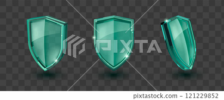 Green glass shields set on transparent background 121229852