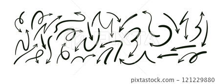 Doodle emphasis arrow icon. Design quirky twist zigzag line, spring coil, curve wave. Vector 121229880