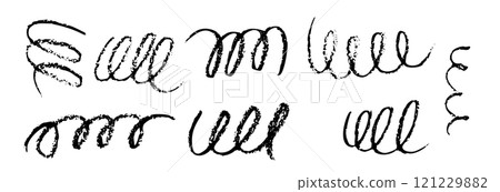Curved spring brush line with swash and flourish tail. Swoosh calligraphic ornament. Flat vector illustration isolated on white background. 121229882