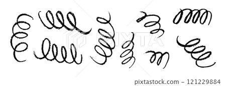 Curved spring brush line with swash and flourish tail. Swoosh calligraphic ornament. Flat vector illustration isolated on white background. 121229884