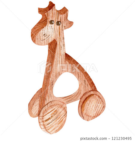 Watercolor illustration of a wood giraffe eco-friendly baby toy for nursery decor. The illustration is hand-drawn on a white background and would be perfect for cards invitations baby showers, or tags 121230495