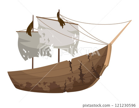 Broken ship icon. Cartoon wooden battered ship with tattered flag and sails after wreck or attack. Destroyed, wreck ship isolated on white background 121230596