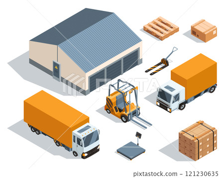 An Informative Overview of Warehouse and Logistics Equipment Illustrated in Creative Pixel Art Style 121230635