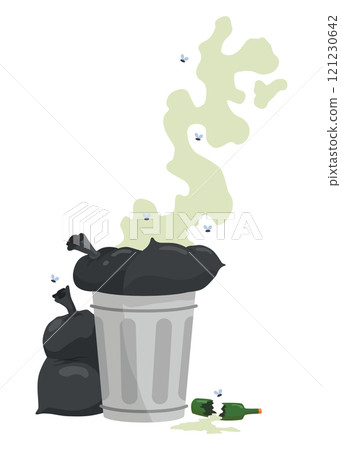 Garbage or waste icon. Plastic garbage container with unsorted trash. Rubbish bag that smells ugly and started to decompose. Ecology and environment concept. Isolated on white background Garbage or waste icon. Plastic garbage container with unsorted trash. Rubbish bag that smells ugly and started to decompose. Ecology and environment concept. Isolated on white background 121230642