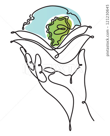 One line eco world. Single one line drawing of hands hold round earth. Globe icon silhouette for world protect concept. Climate concept art. Design vector graphic illustration 121230645