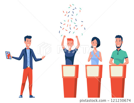 TV Quiz Show with Participants who Answer Questions and Will get Points From the Host on the Studio in Cartoon Illustration TV Quiz Show with Participants who Answer Questions and Will get Points From the Host on the Studio in Cartoon Illustration 121230674
