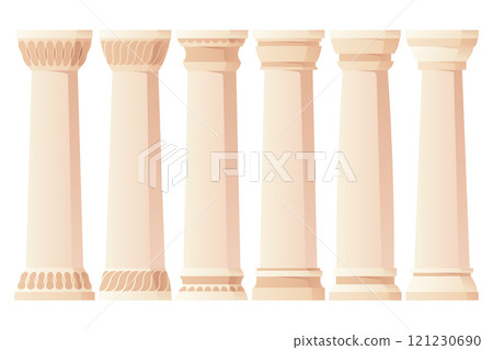 Ancient column set. Museum and exhibition. Cartoon greek or roman pillars. Antique decorative element. Cartoon flat vector isolated on white 121230690