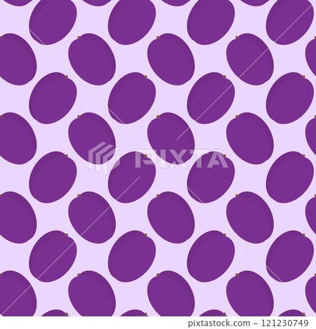 Ripe plums Seamless pattern in trendy purple shades. Healthy fruits eating cards background concept 121230749