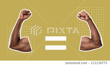 Two strong arms flexing against neutral background, symbolizing equality, power, and balance with minimalistic graphic elements. 121230775
