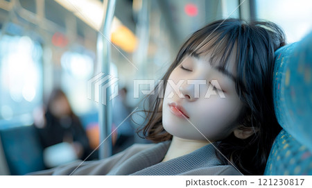 Sleeping face of a young woman sleeping on a train Sleeping face of a young woman sleeping on a train 121230817
