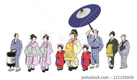 Illustration of a procession of courtesans in Yoshiwara, Edo Illustration of a procession of courtesans in Yoshiwara, Edo 121230826