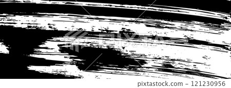 Artistic abstract background with paint strokes, spray dots, and shapes. Black vintage texture with retro gradient. Flat vector illustration isolated 121230956