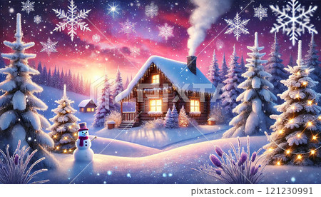 Fantastic winter landscape lodge and snowman - Christmas and winter advertising material Fantastic winter landscape lodge and snowman - Christmas and winter advertising material 121230991