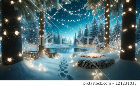 Winter forest with sparkling illuminations and bonfire - Fantastic Christmas landscape material 121231035