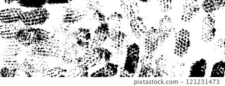 Artistic abstract background with paint strokes, spray dots, and shapes. Black vintage texture with retro gradient. Flat vector illustration isolated 121231473