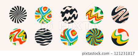 round shape stickers with funny groovy patterns. Colorful abstract circles with trendy retro style wave, chess, swirl, rainbow. Ideal for social media, sticker designs and decorations, vector 121231817