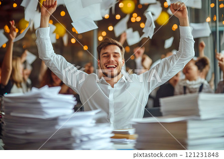 A cheerful office worker celebrates amidst towering stacks of documents with flying papers. Festive lights and colleagues on holiday background 121231848