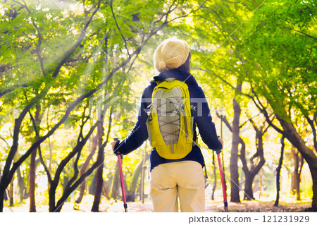 Senior woman hiking, back view 121231929