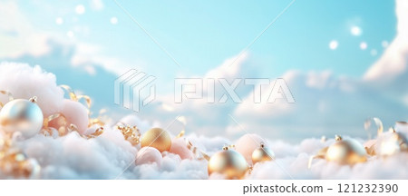 Golden blue Christmas horizontal background ornaments fluffy white clouds blue sky 121232390