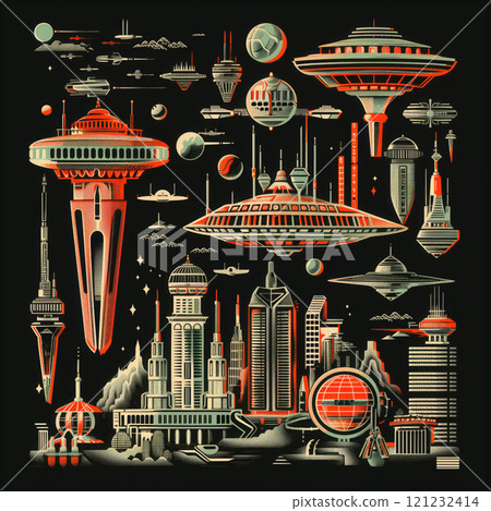 Abstract retro-futuristic city with floating buildings and flying vehicles 121232414