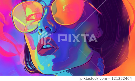 Woman neon-colored illustration sunglasses bold lips vibrant hues close-up Woman neon-colored illustration sunglasses bold lips vibrant hues close-up 121232464