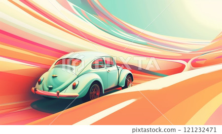 Vintage teal car driving abstract colorful road swirling vibrant waves 121232471