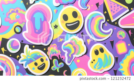 Cartoon stickers smiling faces colorful shapes abstract designs black background 121232472