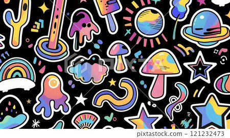 Black background covered with colorful quirky cartoon stickers space nature abstract 121232473