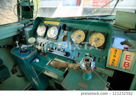 The driver's cab of a 485 series train on display at the Kokura General Rolling Stock Center (JR Kyushu) 121232582