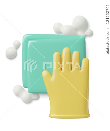 Cleanup or window washing 3d vector icon with a hand in a yellow glove and a napkin with soap 121232743