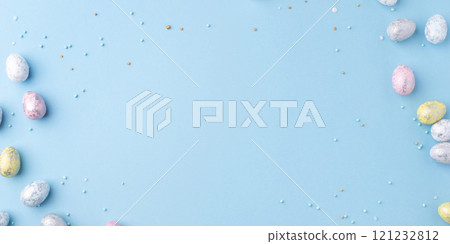 Easter frame of eggs painted in blue color. 121232812