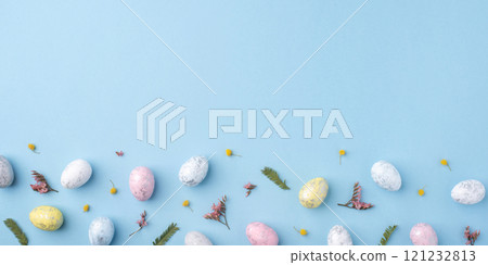 Easter frame of eggs painted in blue color. 121232813