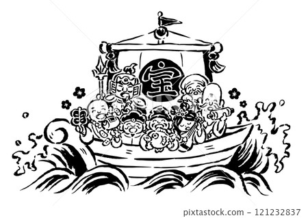 Seven Lucky Gods on a Treasure Ship - Brush-touch hand-drawn illustration - Monochrome line drawing 121232837