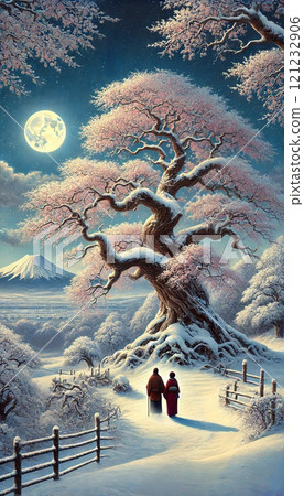 [AI painting] Moon over the clouds - Snow covered cherry blossoms on old trees, Japan, Mount Fuji, full moon, AI art, AI illustration, AI generated image 121232906