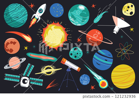 Vector illustration set of colorful planets, rockets, stars, comets, and telescopes on black background. Space collection for astronomy, science, and outer space exploration themes, children books 121232936