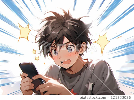 A boy is shocked and surprised when he sees his smartphone screen 121233026