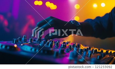 DJ hand adjusting mixing console in vibrant nightclub setting with colorful lighting 121233092