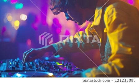 Focused DJ performing live with turntable at a colorful, energetic nightclub event 121233093