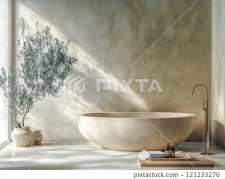 A minimalist bathroom features a freestanding oval bathtub made of natural stone, set against a wall with a textured microcement finish. A minimalist bathroom features a freestanding oval bathtub made of natural stone, set against a wall with a textured microcement finish. 121233270