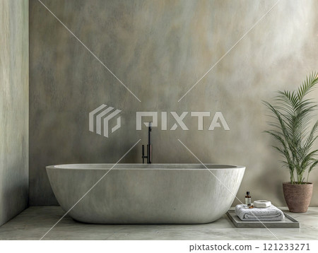 A minimalist bathroom features a freestanding oval bathtub made of natural stone, set against a wall with a textured microcement finish. A minimalist bathroom features a freestanding oval bathtub made of natural stone, set against a wall with a textured microcement finish. 121233271