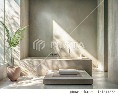 A minimalist bathroom features a freestanding oval bathtub made of natural stone, set against a wall with a textured microcement finish. A minimalist bathroom features a freestanding oval bathtub made of natural stone, set against a wall with a textured microcement finish. 121233272