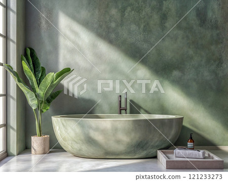 A minimalist bathroom features a freestanding oval bathtub made of natural stone, set against a wall with a textured microcement finish. 121233273