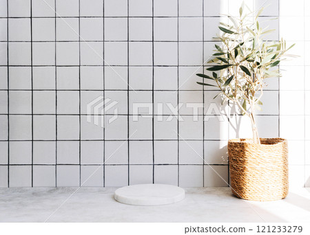 Marble white round podium for bathing products in bathroom, spa shampoo, shower gel, liquid soap Marble white round podium for bathing products in bathroom, spa shampoo, shower gel, liquid soap 121233279
