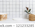 Marble white round podium for bathing products in bathroom, spa shampoo, shower gel, liquid soap 121233285
