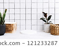 Marble white round podium for bathing products in bathroom, spa shampoo, shower gel, liquid soap 121233287