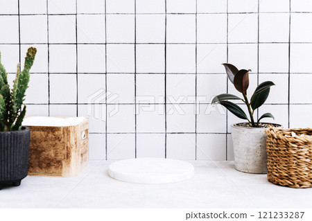 Marble white round podium for bathing products in bathroom, spa shampoo, shower gel, liquid soap Marble white round podium for bathing products in bathroom, spa shampoo, shower gel, liquid soap 121233287