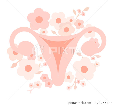 Uterus. Female reproductive system surrounded with flowers. Vector isolated illustration. Soft pink color 121233488