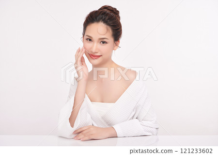 Beautiful young asian woman with clean fresh skin on white background, Face care, Facial treatment, Cosmetology, beauty and spa, Asian women portrait. 121233602